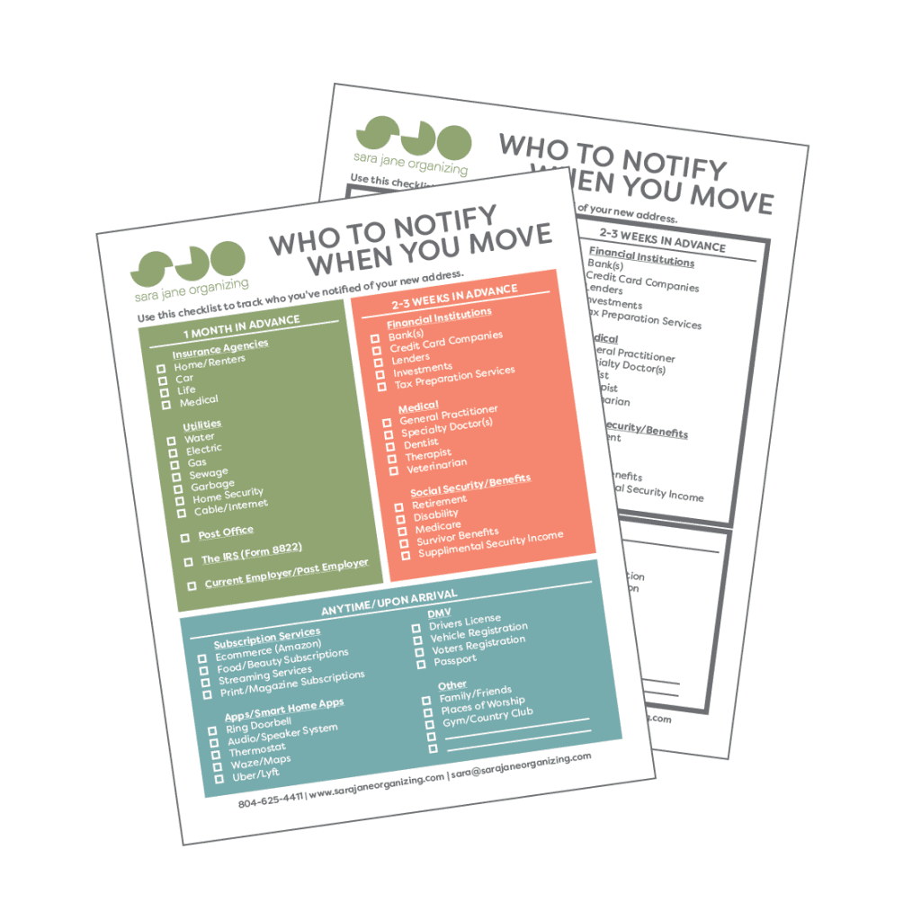 Thumbnail image of checklist created by Sara Jane Organizing. Who to notify when you move checklist.